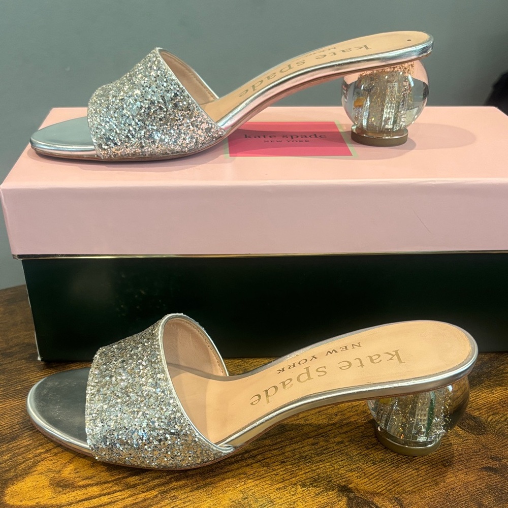 Kate Spade Silver Glitter Heeled Slides New York Size 6